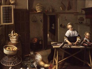 Une femme préparant du poisson dans sa cuisine - Reinier or Reynier Coveyn or Covyn